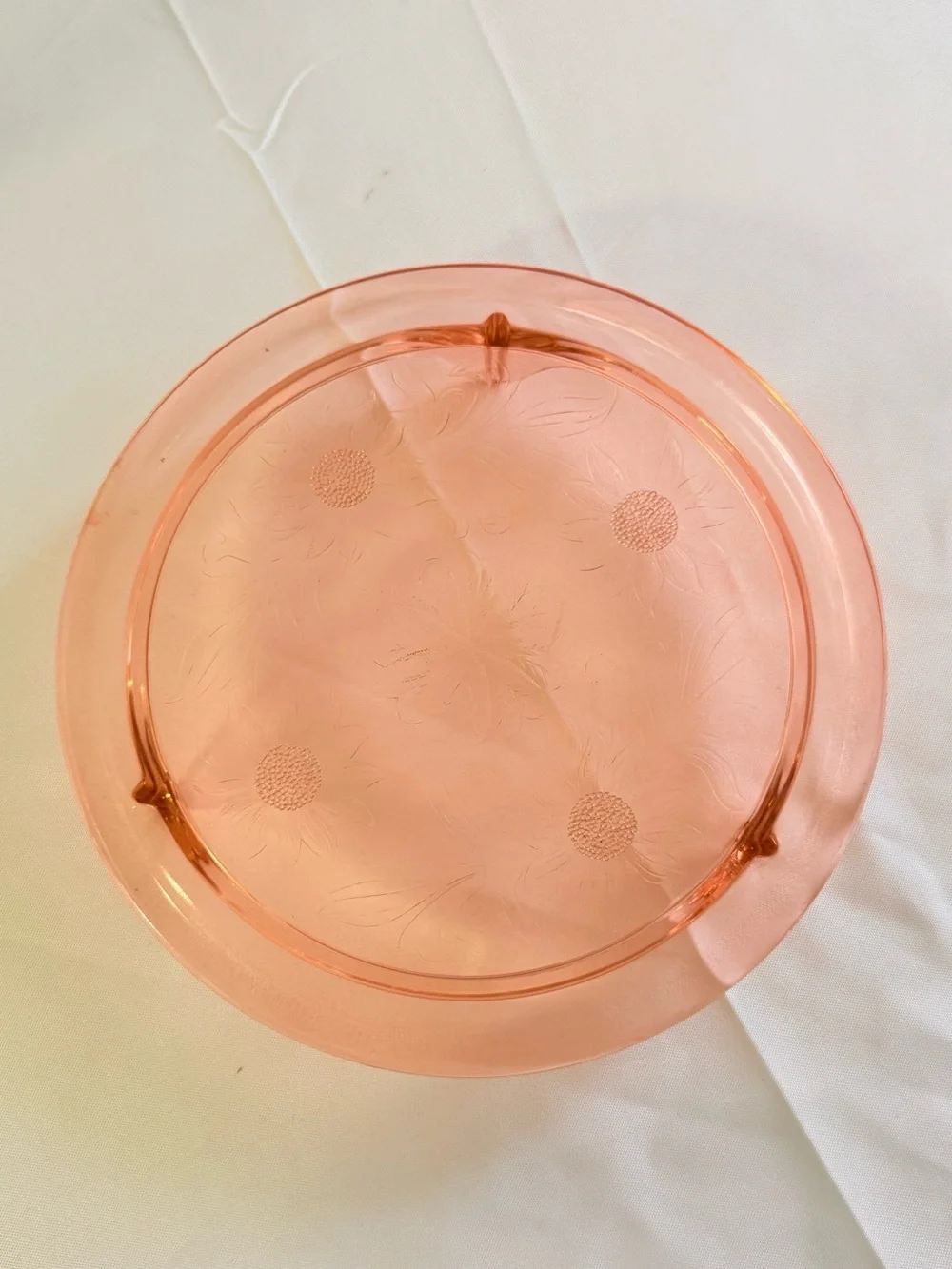 Vtg Jennette Sunflower, pink footed cake plate Glass 10